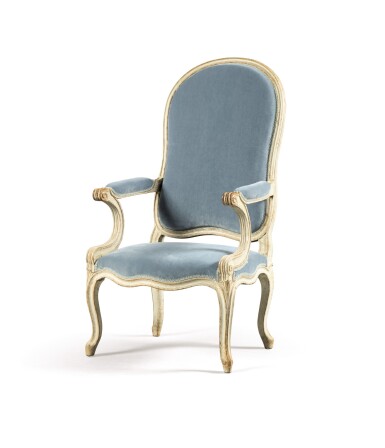 View full screen - View 1 of Lot 188. A LATE LOUIS XV WHITE PAINTED HIGH BACKREST ARMCHAIR, PROBABLY BY JEAN DELION, CIRCA 1770 | FAUTEUIL À HAUT DOSSIER EN BOIS MOULURÉ RELAQUÉ BLANC DE LA FIN DE L'ÉPOQUE LOUIS XV, VERS 1770, PROBABLEMENT PAR JEAN DELION.