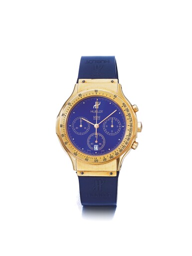 View full screen - View 1 of Lot 90. HUBLOT | REF 1620.8 MDM, A YELLOW GOLD CHRONOGRAPH WRISTWATCH WITH DATE CIRCA 2000.