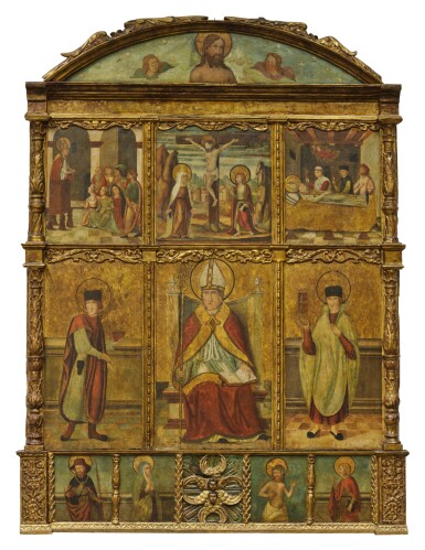 View full screen - View 1 of Lot 201. Retablo with a Bishop Saint Flanked by Saints Cosmas and Damian.