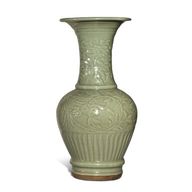 View full screen - View 1 of Lot 231. A carved ‘Longquan’ celadon-glazed 'floral' vase, Ming dynasty | 明 龍泉窰青釉刻纏枝花卉紋瓶.