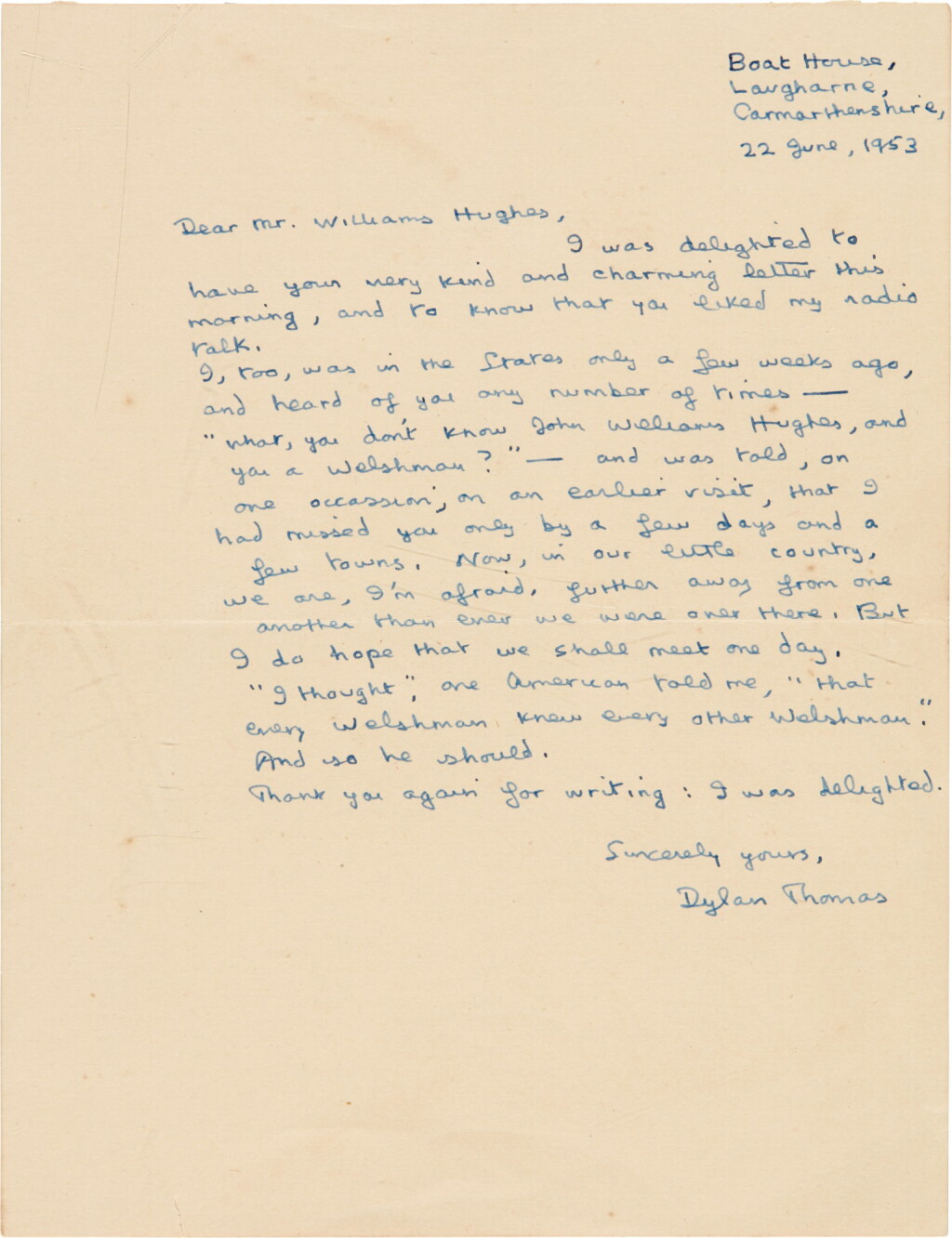全萤幕检视 - 查看146Dylan Thomas | autograph letter signed, to John Williams Hughes, on being Welsh in America, 22 June 1953的1