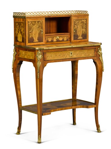 View full screen - View 1 of Lot 42. A Transitional tulipwood, kingwood and various woods marquetry bonheur-du-jour, circa 1775.