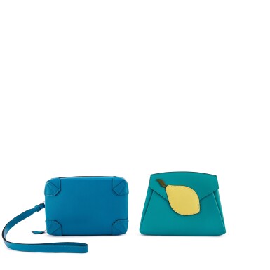 View full screen - View 1 of Lot 9685. Set of Two Bleu Izmir Tadelakt Mini Maxibox Palladium Hardware, 2015 and Bleu Paon Swift, Lime and Canopee Chèvre Tutti Frutti Clutch Palladium Hardware, 2016.