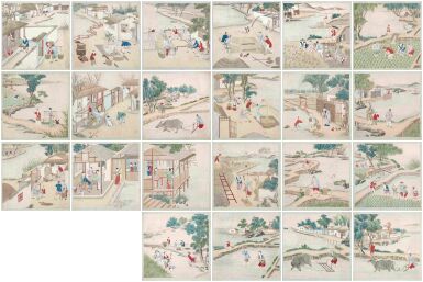 View full screen - View 1 of Lot 227. Anonymous (Qing Dynasty), Rice cultivation and scenes from daily life, ink and color on paper, a set of twenty-two leaves.