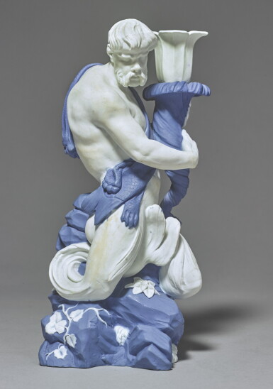 View full screen - View 1 of Lot 143. A WEDGWOOD BLUE AND WHITE JASPERWARE 'TRITON' CANDLESTICK CIRCA 1785-95 .