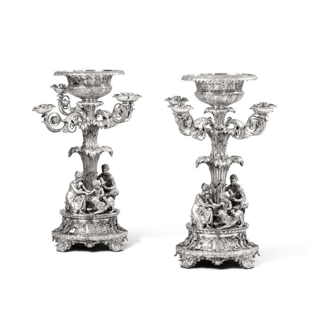 View full screen - View 1 of Lot 893. A pair of George IV silver four-light candelabra centrepieces from the Sampaio Service, Paul Storr for Storr & Mortimer, London, 1822.