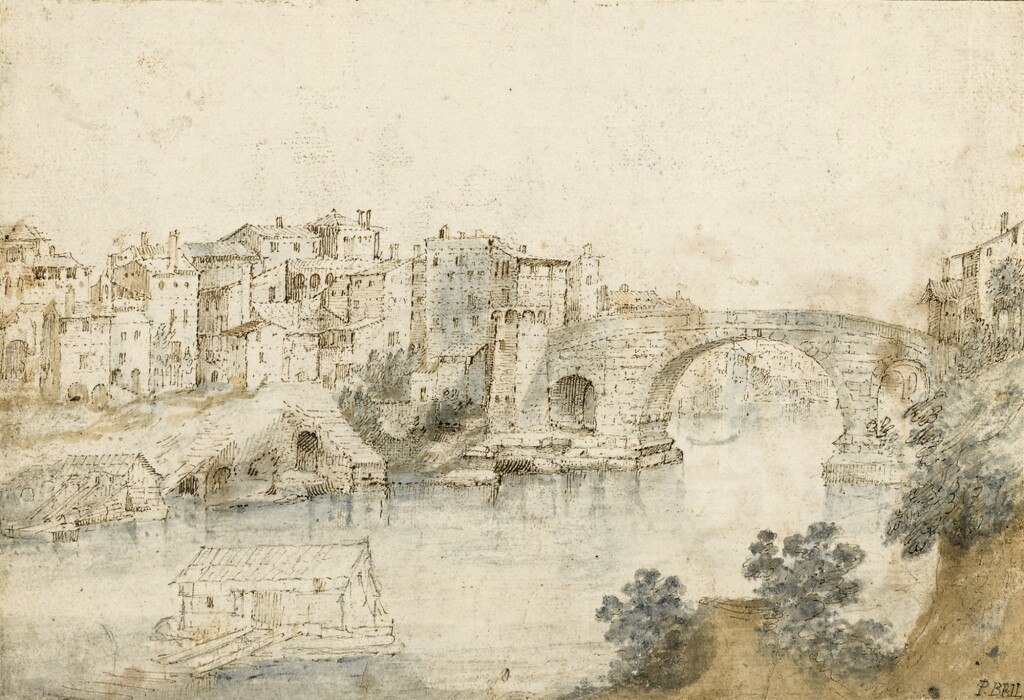 View full screen - View 1 of Lot 19. Recto: View Along the Tiber Verso: Sketch of a Rocky Grotto with Ruins .