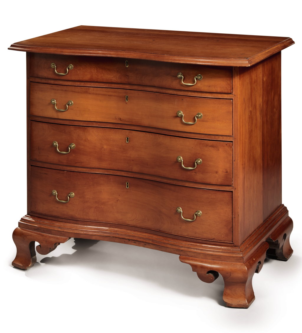 View full screen - View 1 of Lot 1219. IMPORTANT CHIPPENDALE CARVED AND FIGURED CHERRYWOOD SERPENTINE CHEST OF DRAWERS, CALVIN WILLEY, PROBABLY LENOX, MASSACHUSETTS, CIRCA 1790.