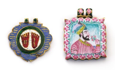 View full screen - View 1 of Lot 246. TWO GOLD ENAMELLED PENDANTS, NORTH INDIA, 19TH CENTURY.