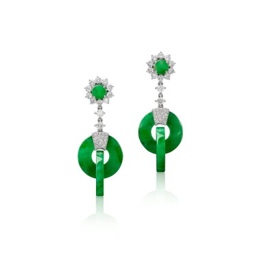 View full screen - View 1 of Lot 665. Pair of Jadeite Double Hoop and Diamond Pendent Earrings | 天然翡翠「雙環」配 鑽石 耳墜一對.
