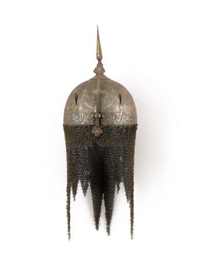 View full screen - View 1 of Lot 147. A gold and silver-overlaid steel helmet (kulah khud), Persia, Qajar, 19th century.