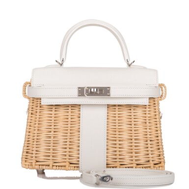 View full screen - View 1 of Lot 40. Hermès White Mini Kelly Picnic 20cm of Osier Wicker and Swift Leather with Palladium Hardware.