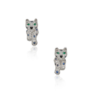 View full screen - View 1 of Lot 17. Pair of Diamond, Sapphire, Emerald and Onyx 'Panthère Pika' Earclips, France.