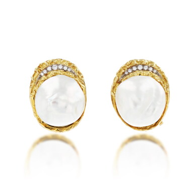 View full screen - View 1 of Lot 260. Pair of cultured pearl and diamond ear clips | Paire de clips d'oreille perles de culture et diamants .