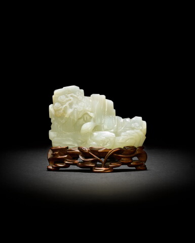 View full screen - View 1 of Lot 225. A small white jade mountain, Qing dynasty, Qianlong period | 清乾隆 白玉松鶴延年圖山子.