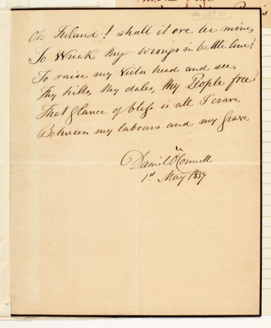 View full screen - View 1 of Lot 101. O'CONNELL | autograph poem signed, 1837.