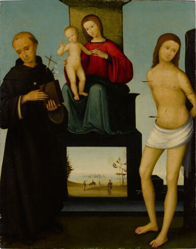 View full screen - View 1 of Lot 305. Madonna and child enthroned with Saint Nicholas of Tolentino and Saint Sebastian.