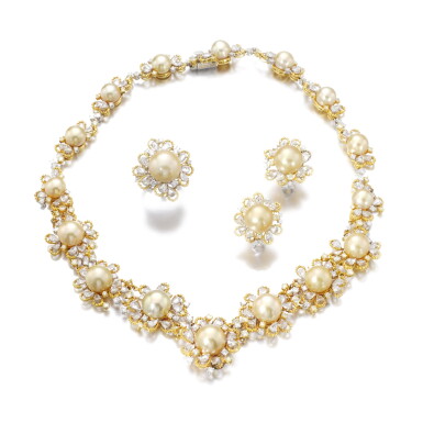 View full screen - View 1 of Lot 67. CULTURED PEARL AND DIAMOND PARURE.