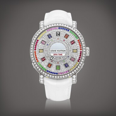 View full screen - View 1 of Lot 2191. Escale Spin Time, Reference Q5EG3 | A white gold, titanium, diamond and multi-coloured gem-set wristwatch with time displayed by 12 rotating cubes, Circa 2018 | 路易威登 | Escale Spin Time 型號Q5EG3 | 白金、鈦金屬鑲鑽石及多彩寶石腕錶,備12個旋轉方塊時間顯示,約2018年製.