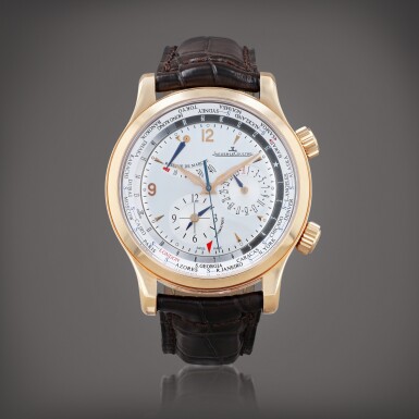 View full screen - View 1 of Lot 466. Master Control 1000 Hours World Geographic, reference 146.2.32.S Montre bracelet à heure universelle en or rose avec double fusau horaire, indication de réserve de marche et date | Pink gold world time wristwatch with dual time zone, power reserve indication and date Vers 2007 | Circa 2007.