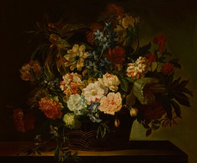 View full screen - View 1 of Lot 172. Dahlias, tulips, honeysuckle and other flowers in a basket on a table.