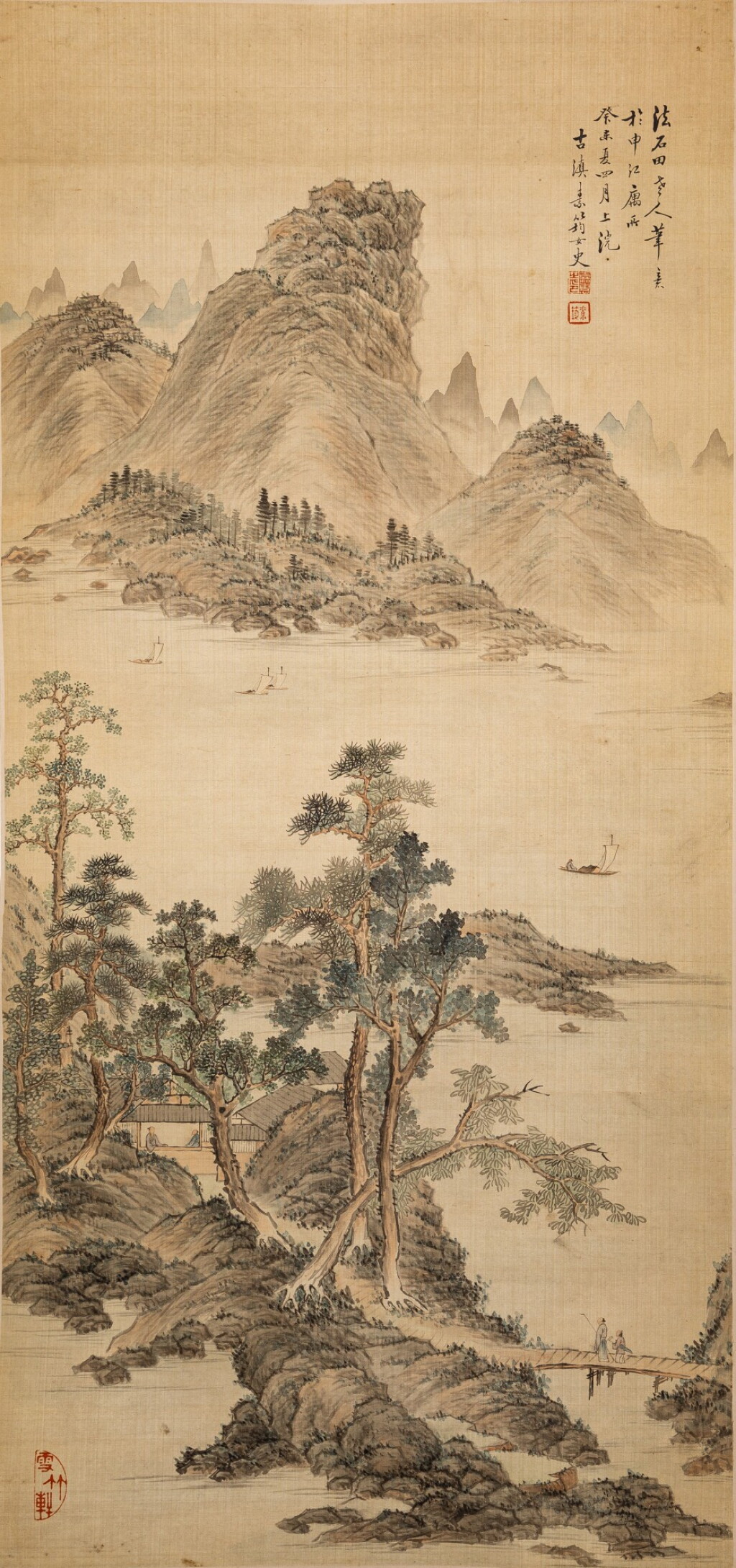 View full screen - View 1 of Lot 260. Miu Jiahui (1842-1918) Landscape in the style of Zhen Zhou | 繆嘉蕙 仿石田老人筆意山水 設色絹本 立軸 1883年作.