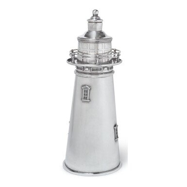View full screen - View 1 of Lot 1846. AN AMERICAN SILVER-PLATED LIGHTHOUSE COCKTAIL SHAKER WITH MUSIC BOX, INTERNATIONAL SILVER CO., MERIDEN, CT, 1927-29.