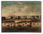 ECOLE CHINOISE DYNASTIE QING, XIXE SIÈCLE VUE DES HONGS DE CANTON | 清十九世紀 廣州十三行圖 布面油畫 | Chinese school, Qinq Dynasty, 19th century, A view of the Hongs at Canton