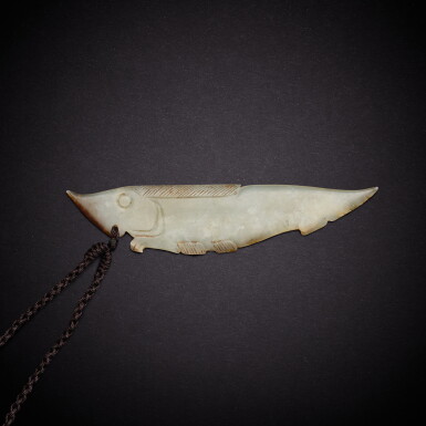 View full screen - View 1 of Lot 6820. A pale celadon jade fish, Western Zhou dynasty | 西周 青白玉魚.