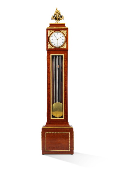 View full screen - View 1 of Lot 15. A late Louis XVI gilt-bronze mounted plum-pudding mahogany régulateur de parquet, circa 1790, stamped Jean-Baptiste Lependu | Régulateur de parquet en acajou moucheté et monture de bronze doré de la fin de l'époque Louis XVI, vers 1790, estampille de Jean-Baptiste Lependu.