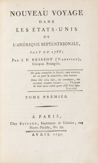 View full screen - View 1 of Lot 132. BRISSOT DE WARVILLE. Nouveau voyage dans les États-Unis en 1788. 1791. 3 volumes, rel de Courteval.