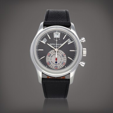 View full screen - View 1 of Lot 3. Reference 5960P-001 A platinum annual calendar chronograph wristwatch with power reserve and day/night indication Circa 2008 | 百達翡麗 | 型號 5960P-001 鉑金年曆計時腕錶備動力儲存及晝夜顯示,製作年份約 2008.