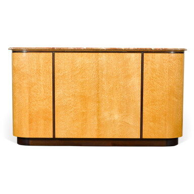 View full screen - View 1 of Lot 650. A bird's eye maple D-shaped bar designed by Robin Moore Ede and probably executed by Pegram Bianco, circa 1986.