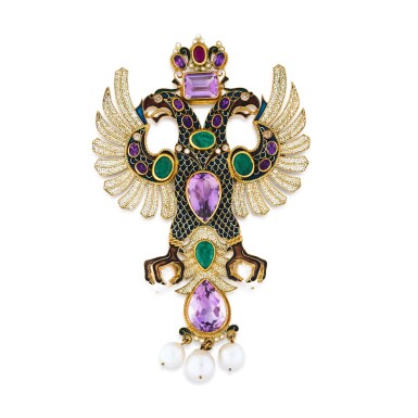 View full screen - View 1 of Lot 427. Percossi Papi | Broche pierres de couleur et perles de culture | Gem-set and cultured pearl brooch.