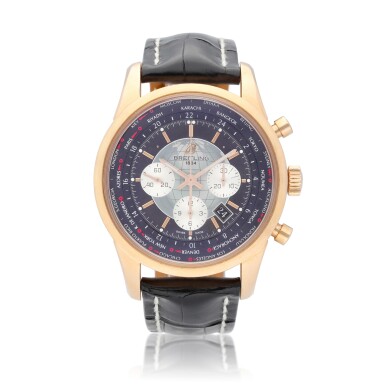 View full screen - View 1 of Lot 69. Breitling Transocean Chronograph Unitime reference RB0510 A pink gold automatic chronograph worldtime wristwatch with date, circa 2012.
