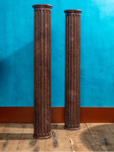 View full screen - View 1 of Lot 17. A pair of Egyptian porphyry columns, Italy, 19th century | Paire de colonnes cannelées en porphyre égyptien, Italie, XIXe siècle.