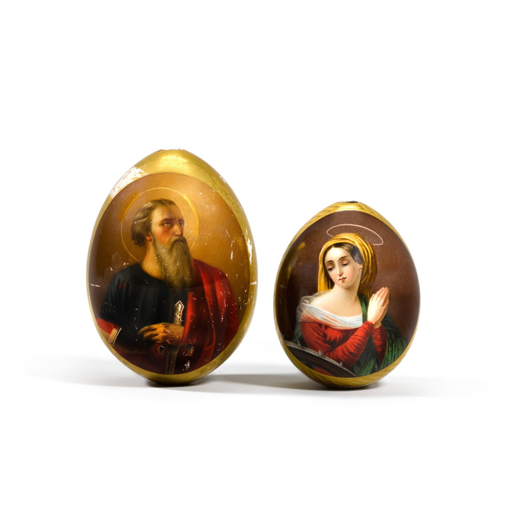 View full screen - View 1 of Lot 124. St Catherine and St Paul: two porcelain Easter eggs, Imperial Porcelain Factory, St Petersburg, 1840-50s.