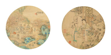 View full screen - View 1 of Lot 634. Huang Bi; Birui Figures | 黃璧;必瑞 人物故事 設色絹本 團扇兩幅 鏡框.