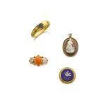 Sardonyx bangle, circa 1835, a shell cameo brooch/pendant, mid-19th century and a collection of jewels