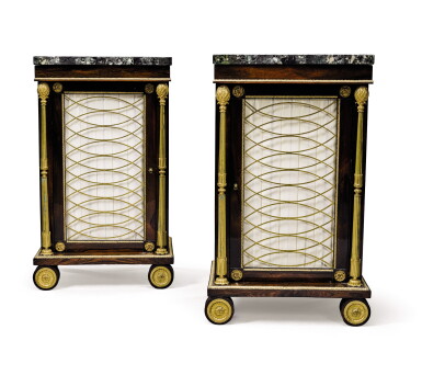 View full screen - View 1 of Lot 344. A pair of Regency gilt-bronze mounted rosewood cabinets, circa 1815 and adapted from a sideboard.