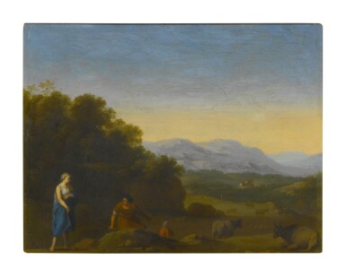 View full screen - View 1 of Lot 52. Sold Without Reserve | CIRCLE OF CORNELIS VAN POELENBURGH | ROLLING LANDSCAPE WITH SHEPHERDS AND CATTLE.