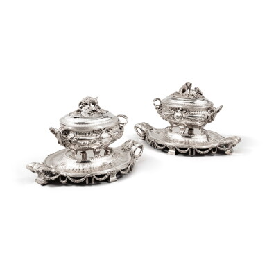 View full screen - View 1 of Lot 77. A pair of important French silver covered tureens, liners and stands, Charles-Louis-Auguste Spriman, Paris, 1777-1778.