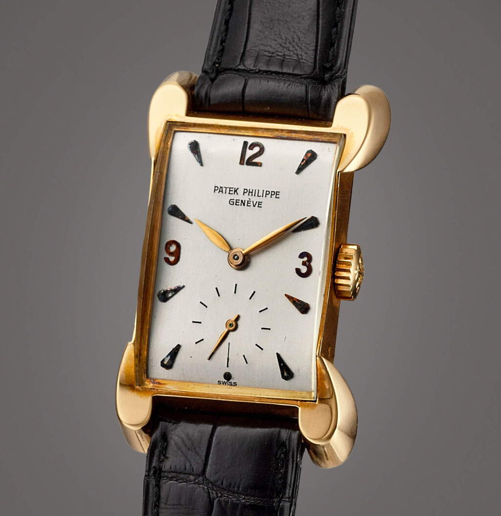 View full screen - View 1 of Lot 2020. Reference 2503 | A pink gold wristwatch with fancy sculpted lugs, Made in 1959 | 百達翡麗 | 型號2503 | 粉紅金腕錶,備別緻雕刻錶耳,1959年製.