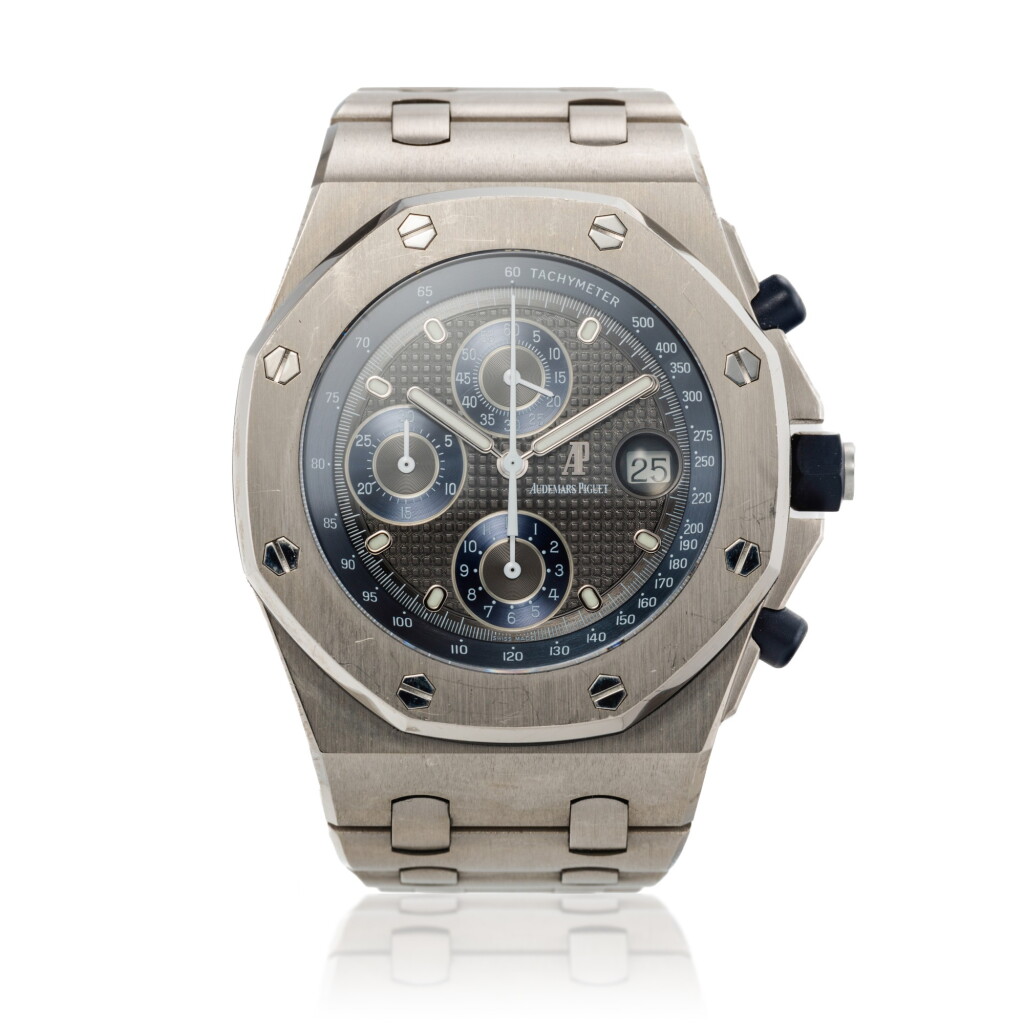 View full screen - View 1 of Lot 10. Reference 25721ST.OO.1000ST.01 Royal Oak Offshore ‘The Beast’ | A stainless steel chronograph wristwatch with date and bracelet, Circa 1996 | 愛彼 25721TI.OO.1000TI.01 型號 Royal Oak Offshore 'The Beast' | 鈦金屬計時鍊帶腕錶備日期顯示,約2001年製.