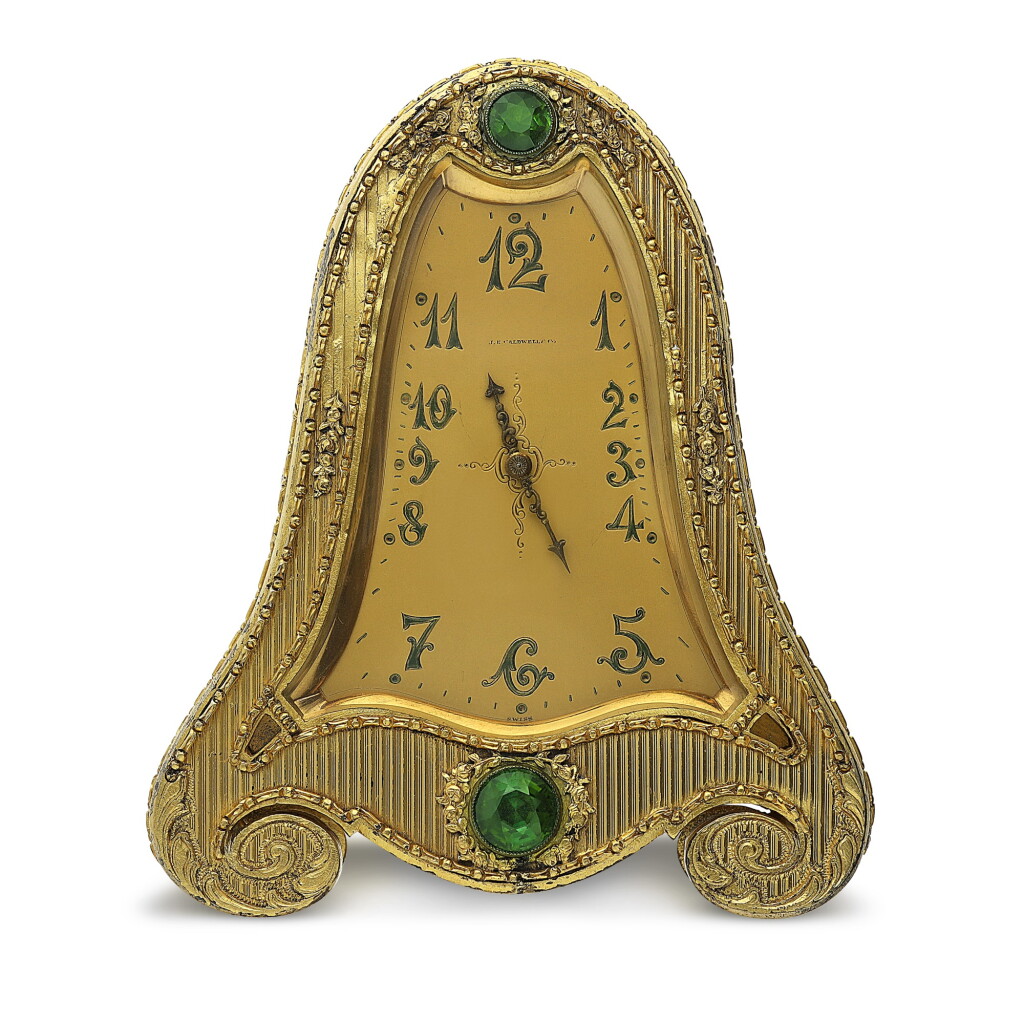 View full screen - View 1 of Lot 178. J.E. CALDWELL & CO. | A SILVER GILT AND TOURMALINE-SET DESK TIMEPIECE, CIRCA 1920.