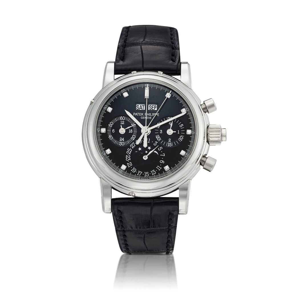 View full screen - View 1 of Lot 2222. Reference 5004 | A brand new platinum and diamond-set split seconds chronograph perpetual calendar wristwatch with moon phases and leap year indication, Circa 2007 | 百達翡麗 | 型號 5004 | 全新鉑金鑲鑽石追針計時萬年曆腕錶,備月相及閏年顯示,約 2007年製.