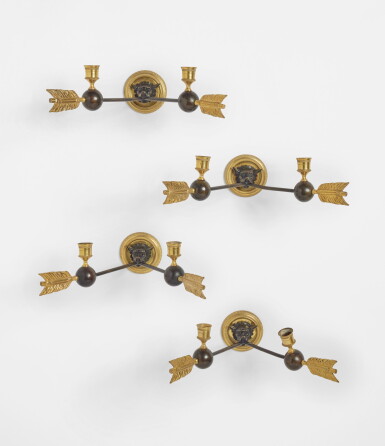 View full screen - View 1 of Lot 396. A Set of Four Neoclassical Gilt and Patinated Bronze Two-Branch Wall Lights, 19th Century.