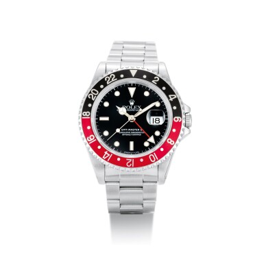View full screen - View 1 of Lot 2128. ROLEX | GMT-MASTER II, REFERENCE 16710, A STAINLESS STEEL DUAL TIME ZONE WRISTWATCH WITH DATE AND BRACELET, CIRCA 1990 | 勞力士 | "GMT-Master II 型號16710 精鋼兩地時間鏈帶腕錶,備日期顯示,錶殼編號E836689,約1990年製".