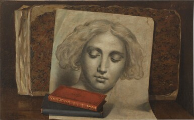 View full screen - View 1 of Lot 95. A trompe l’œil with a portrait drawing and books.