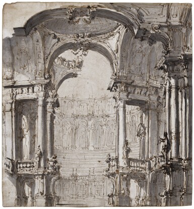 View full screen - View 1 of Lot 125. ATTRIBUTED TO GIUSEPPE GALLI BIBIENA | A SET DESIGN DEPICTING AN ARCHITECTURAL CAPRICCIO WITH AN ATRIUM LEADING TO A CIRCULAR COURTYARD.